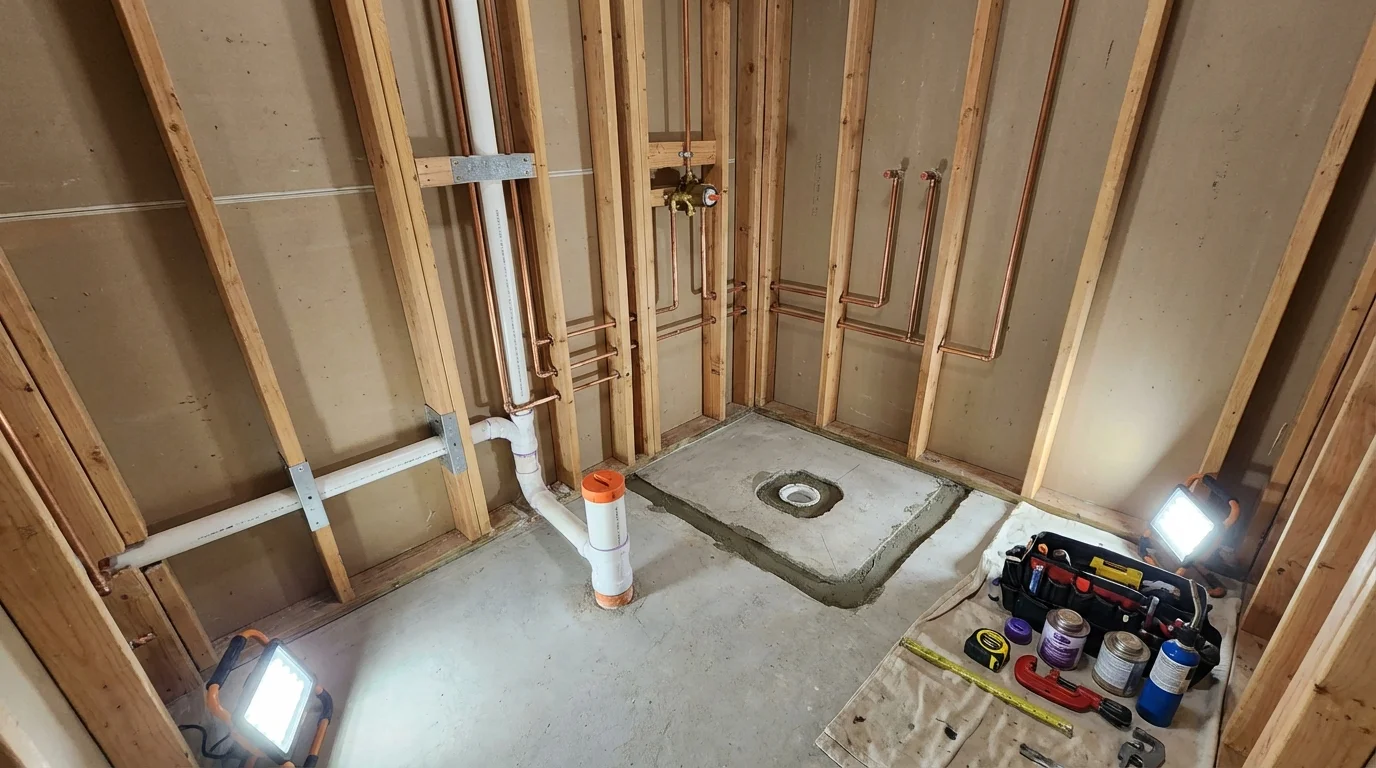 Bathroom rough-in plumbing during remodel by Johns Plumbing LLC in Tenaha