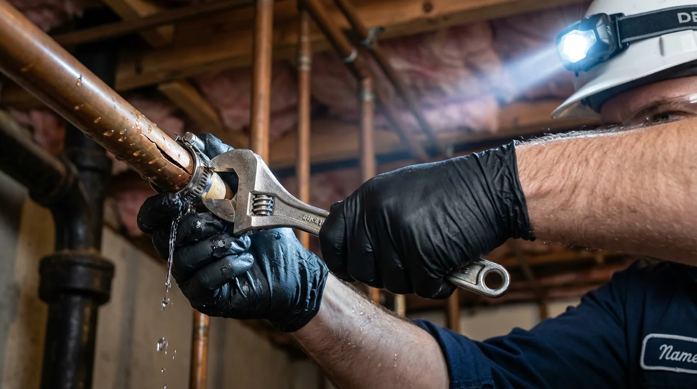 Emergency pipe clamp repair being performed by a Johns Plumbing LLC plumber in Tenaha