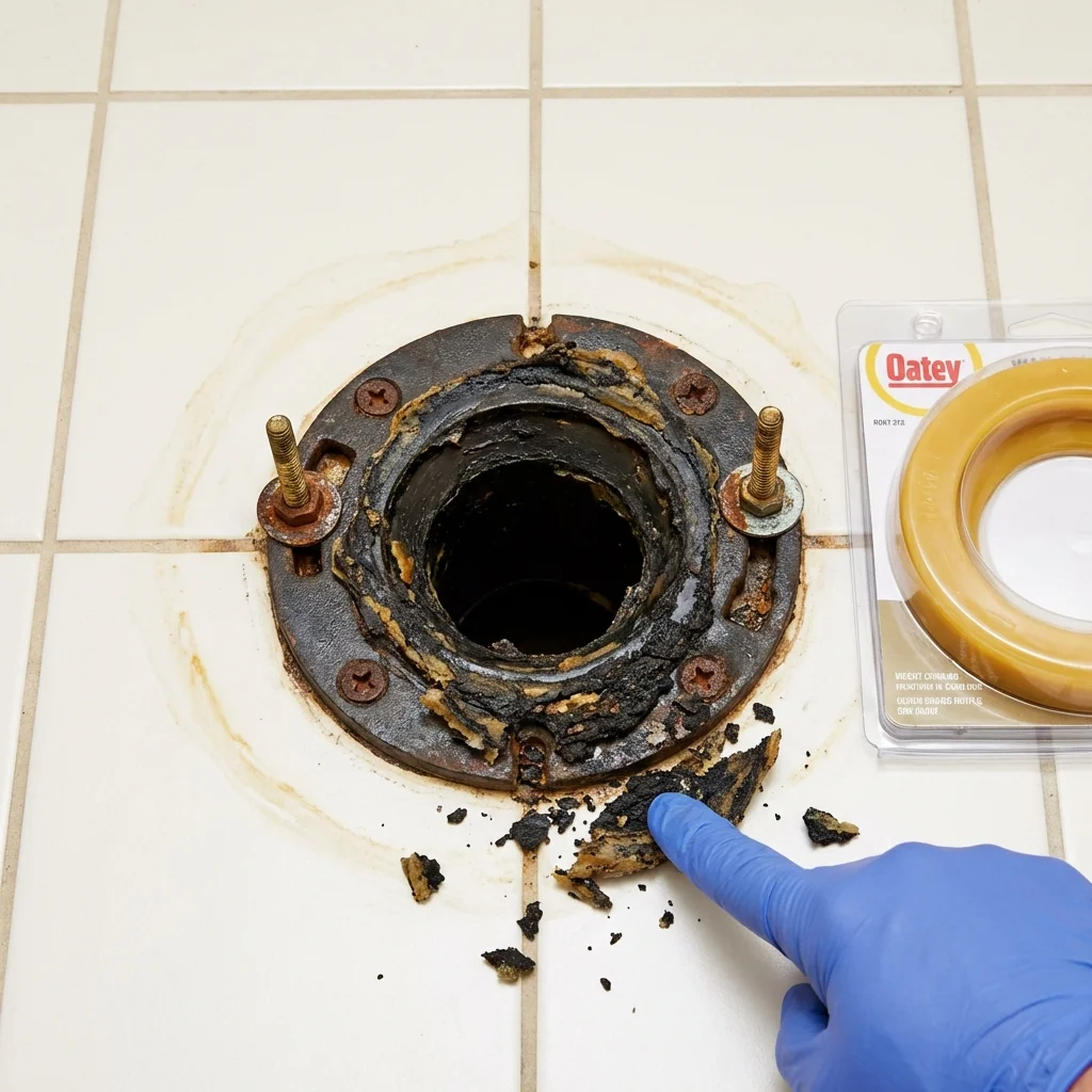 Failed wax ring showing water seepage at the base of a toilet in a Tenaha, TX home