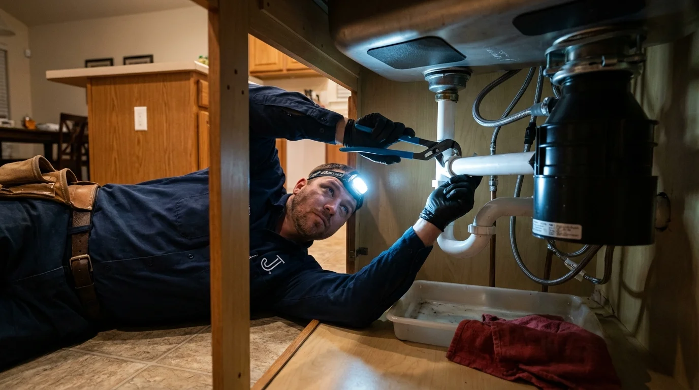 P-trap and supply line connections under a kitchen sink showing a common leak point in Tenaha, TX